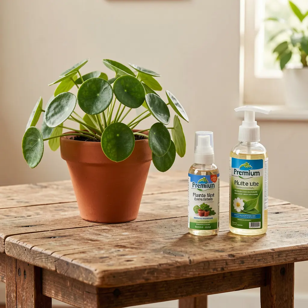 Premium plant care essentials on rustic wooden table with terracotta pot and Pilea plant