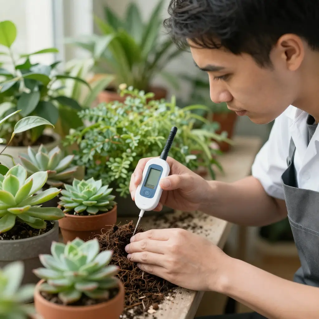 Professional plant care specialist tending to indoor plants